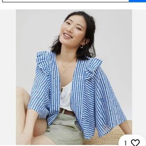 By Anthropologie Cropped Floral Lace Shrug Navy Blue White Stripes One Size